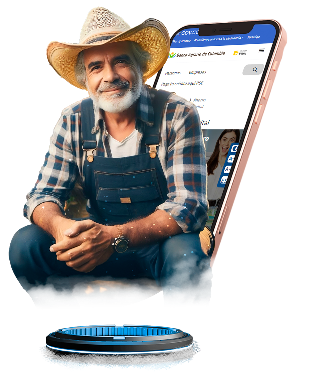 Hombre de finca sentado y fondo de celular con pagina web banco agrario
