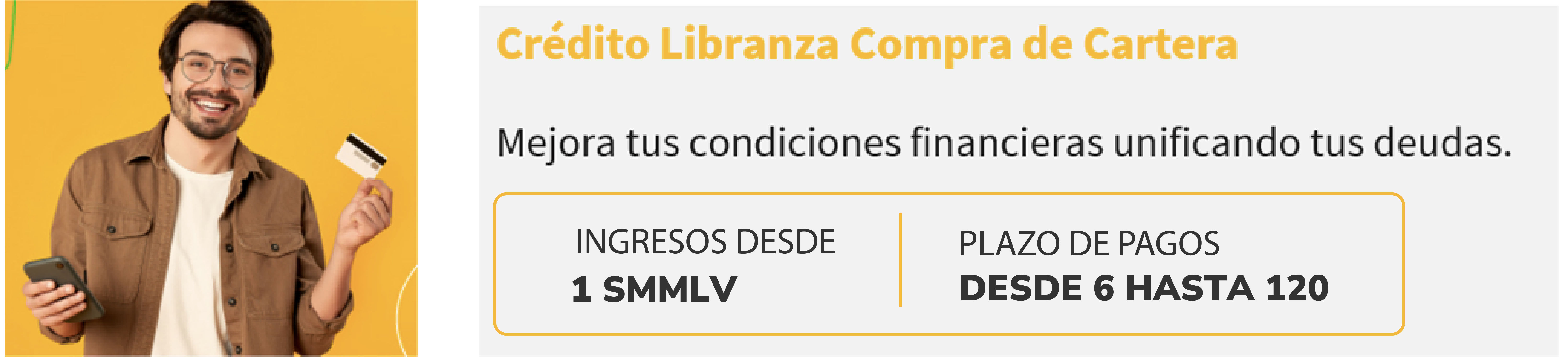 hombre feliz contando beneficio crédito de libranza en compra de cartera
