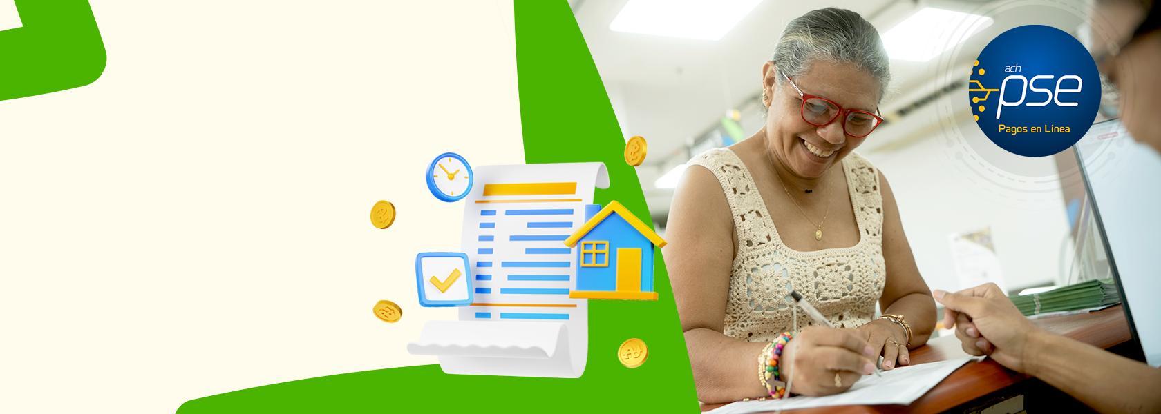 Mujer sonriendo firmando documentos