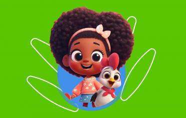 Animación de una niña sonriendo con un pollo