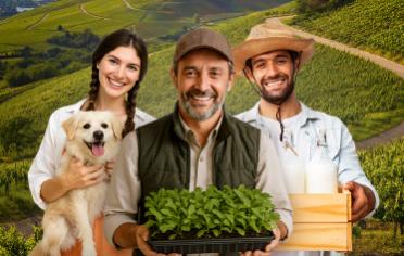 familia con mascota cosecha y montañas atras 